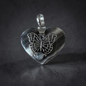 Zebra Calcite & Moonstone Butterfly Heart Pendant 925 Overlay